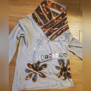 Desigual Say Yes To Long Sleeve Cowl Neck Graphic Embroidered Top.